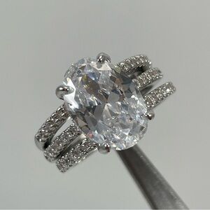 Ring 3 Band Set Wedding Bridal White Diamond CZ Elegant Oval Cut Solitaire